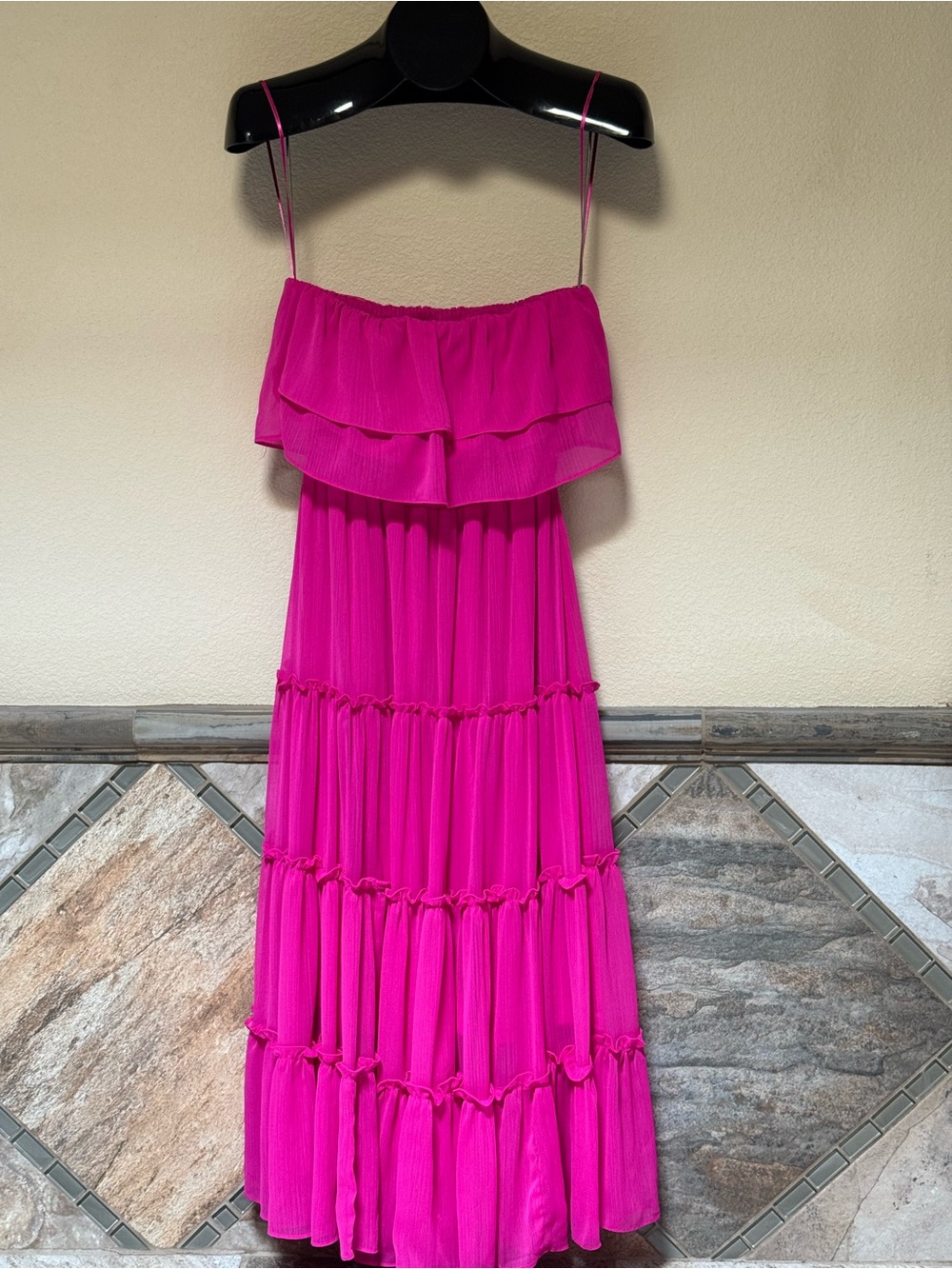 1. State Strapless Fuchsia Tiered Maxi Dress